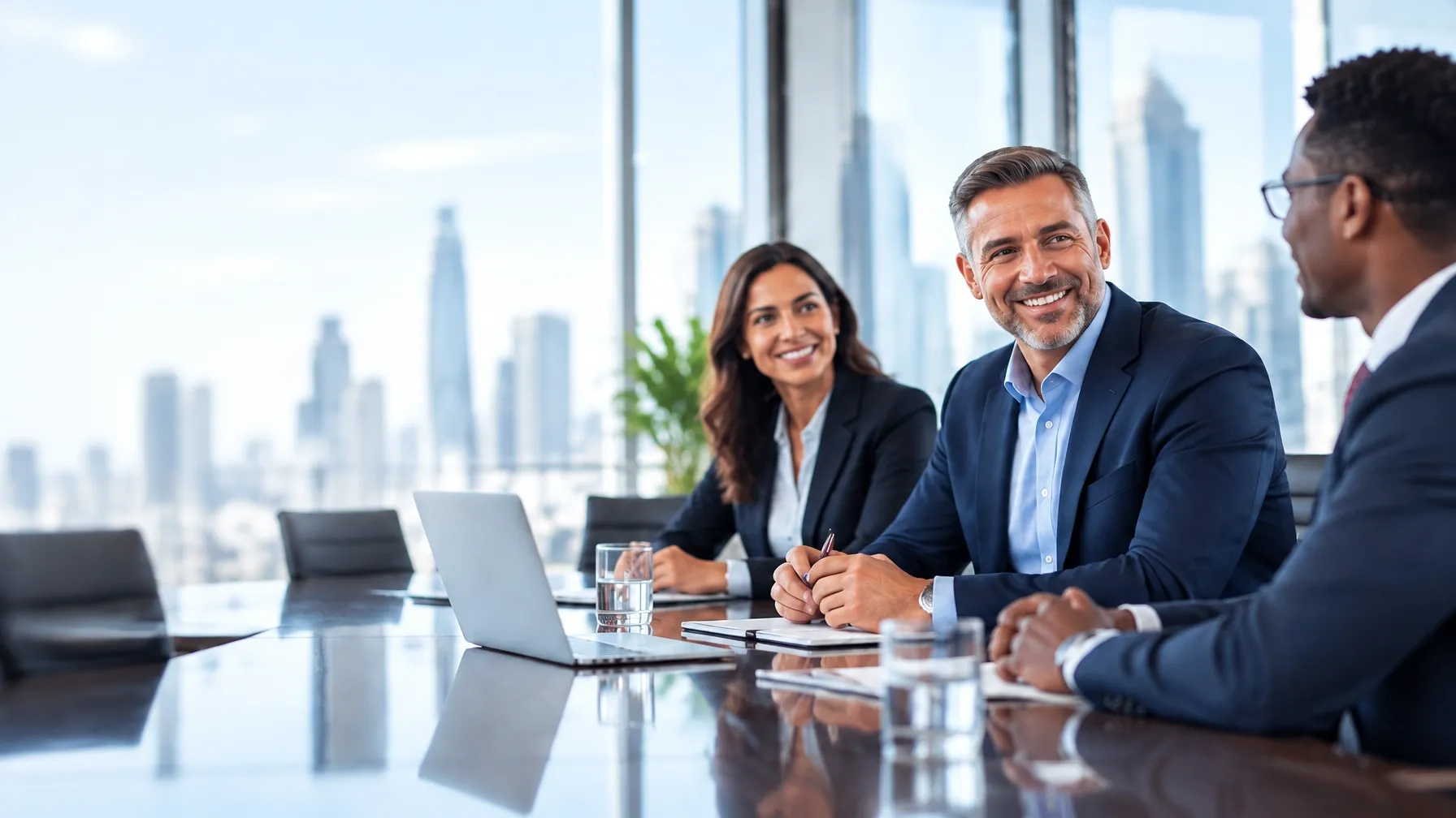 Business advisors meeting around a conference table in a bright office